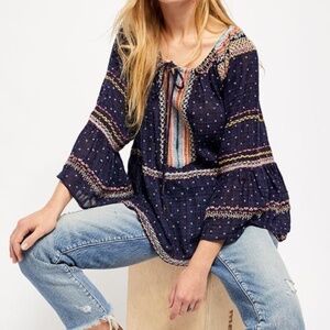 Free People Talia Embroidered Blouse Navy